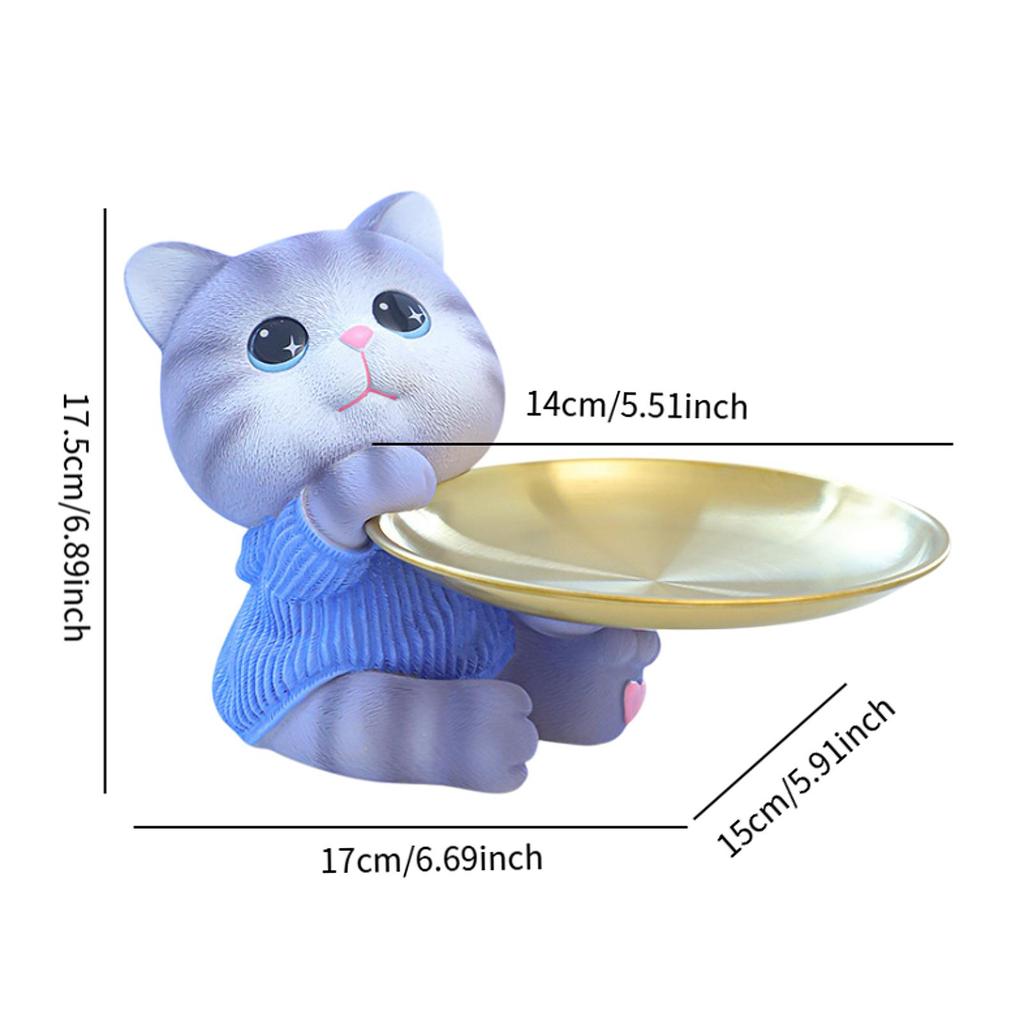 Lucky Cat Statue Jewelry Tray Cute Resin Cat Storage Tray Tabletop Organizer for Home Bookshelf Living Room Cabinet Bedroom
