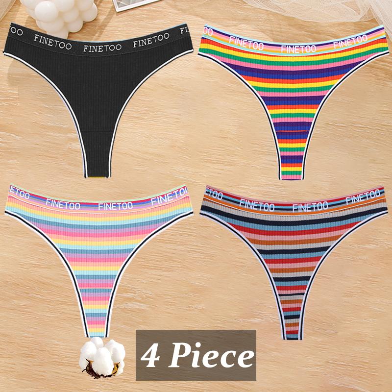 4Pcs/Set Women Cotton Colorful Stripe Panties Sexy Underwear G-Strings Rainbow Thongs Female Soft Breathable Intimates Lingerie