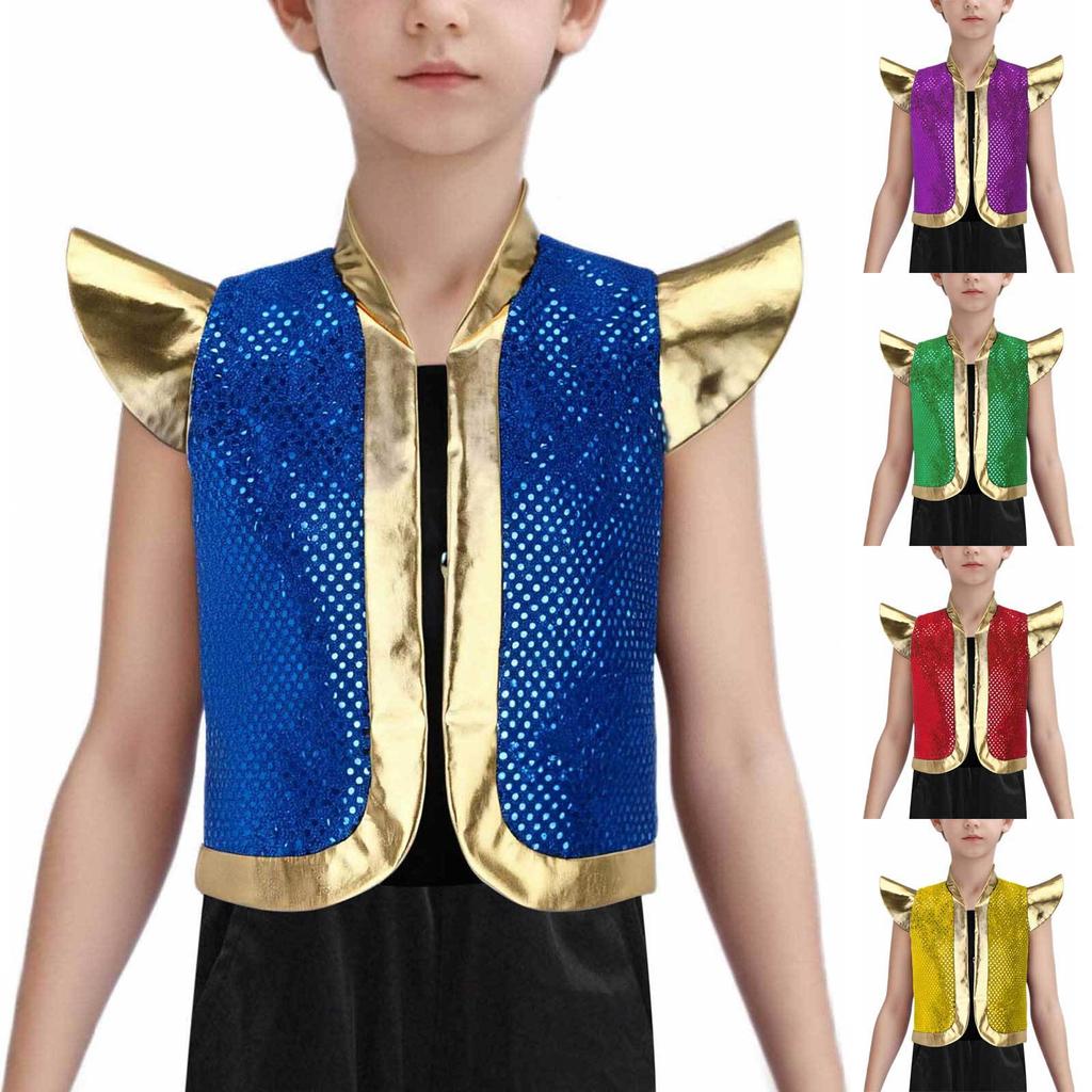 Boy Metallic Sequins Vest Stand Collar Shoulder Pads Open Front Arabian Halloween Performance Costume
