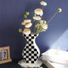 Black and White Ceramic Dried Flower Vase Modern Minimalist Flat Vase Chess Plaid High-quality Ornaments Modern Home Decoration