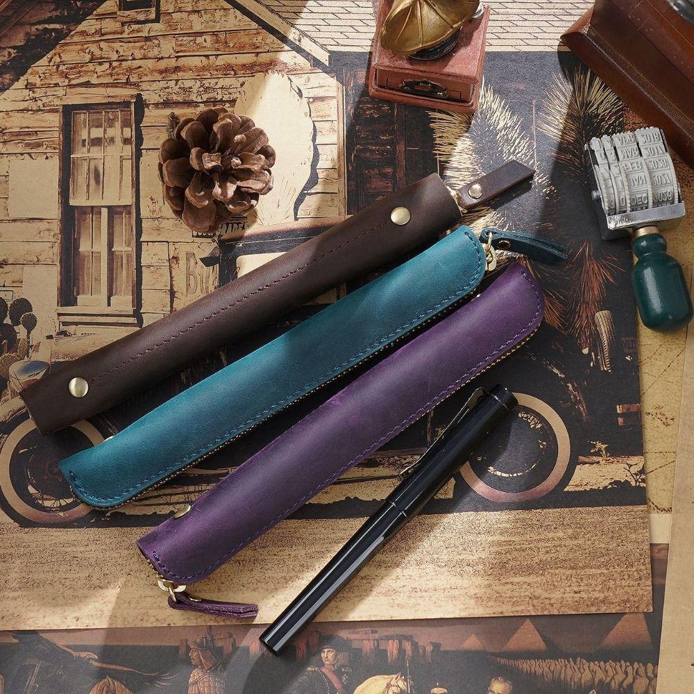 Cowhide Leather Mini Pen Pouch Zipper Electronic Writing Pen Protective Organizer