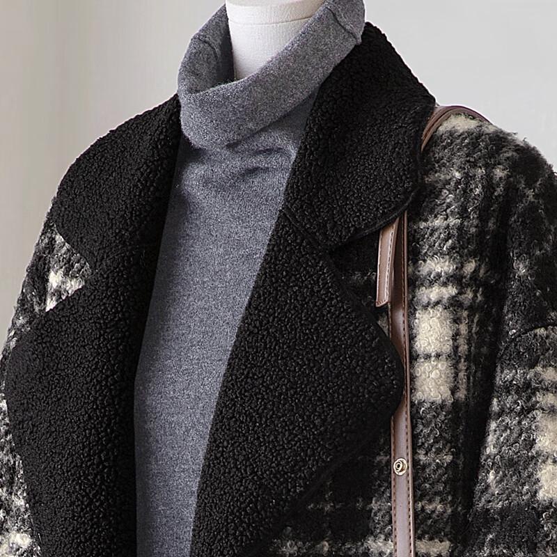 Sibaishi Women's Lazy Style Contrast Plaid Loose Wool Blend Coat