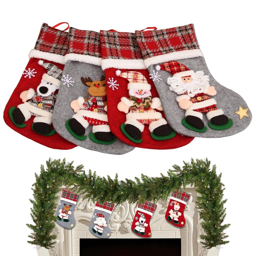 4pcs 3D Doll Christmas Stockings Set Cute Santa Claus, Snowman, Deer, Bear Design Gift Bag Candy Socks Christmas Decorations