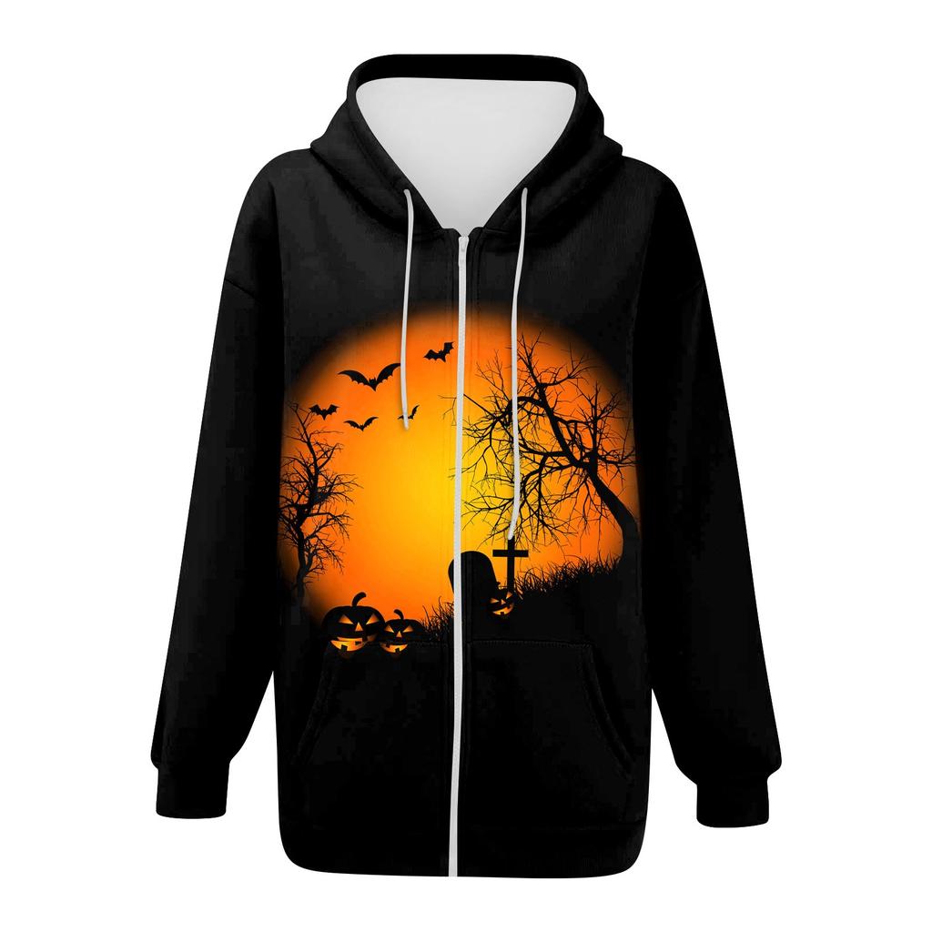 Women's Fashion Casual Halloween Printed Sweatshirt Autumn Winter Long Sleeve Cardigan With Pockets Zipper Hoodie Jacket