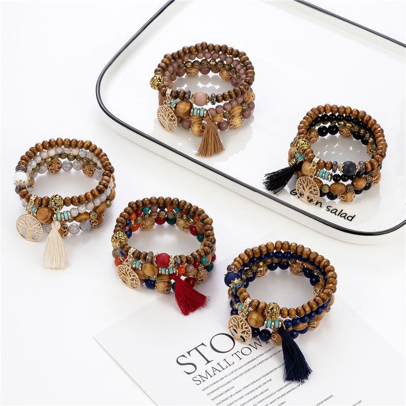 European American Fashion Bohemian Layered Beaded Bracelets Elastic Ethnic Bracelets for Women Female Bangle Bracelet