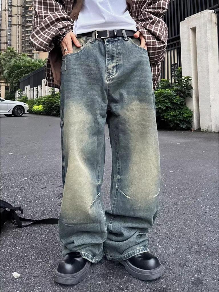 2024 Ретро-стираемые джинсы с широкими штанинами: Повседневные брюки унисекс в американо-японском стиле