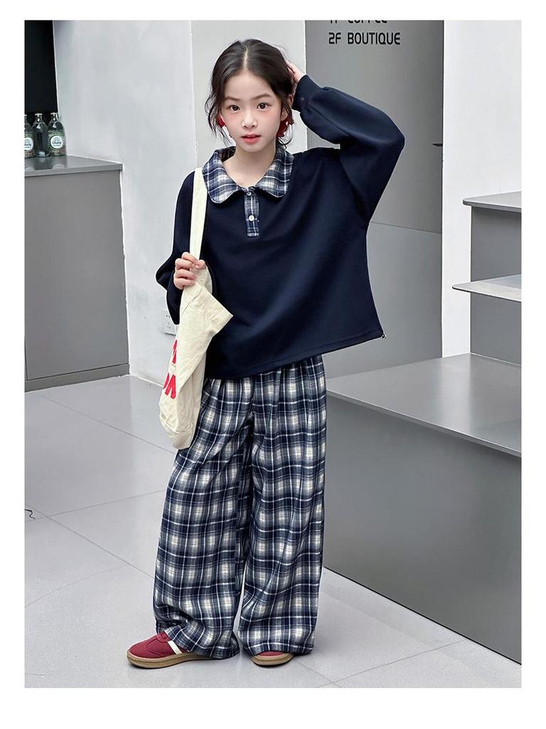 2025 New Early Autumn Girls' Turn-Down Collar Sweatshirt Set for Middle School