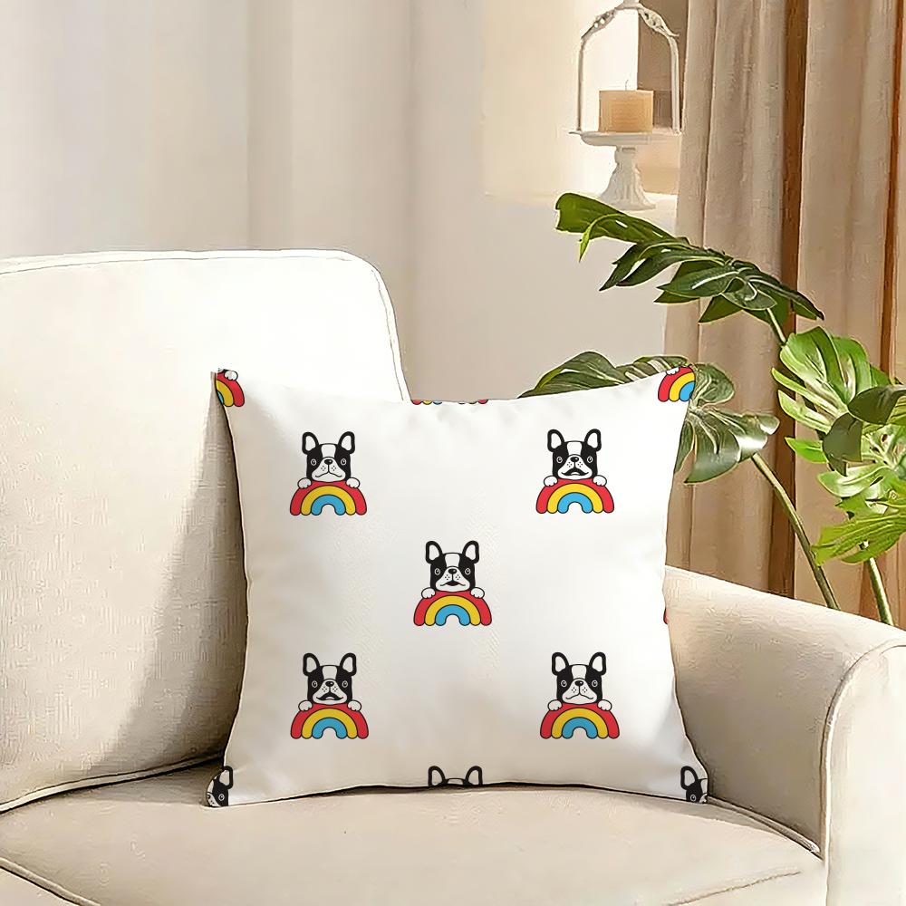 Cartoon French Bulldog Pattern Cushion Cover Reversible Plush Pillow Cover Soft Fluffy Home Decor for Sofa Bedroom