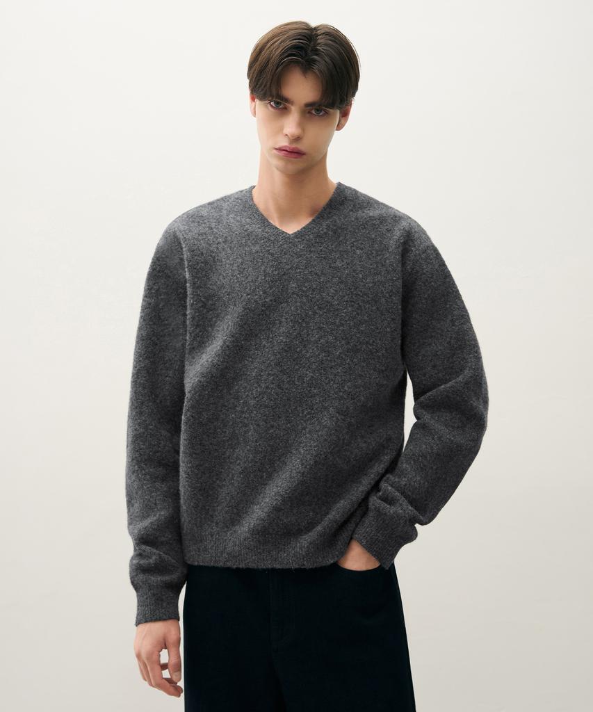DRAW FIT Hairy Crop V-Neck Pullover Knit [Melange Grey]