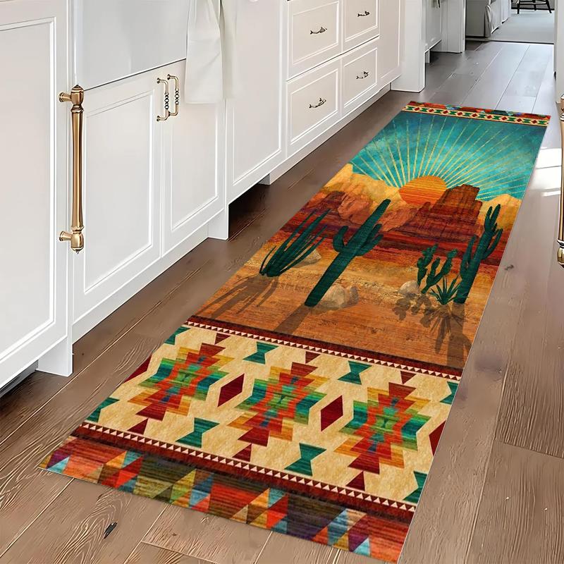 Vintage Desert Sunset Cactus Long Runner Rug Exquisite Geometric Border Soft Washable Non-slip Mat for Hallway Corridor