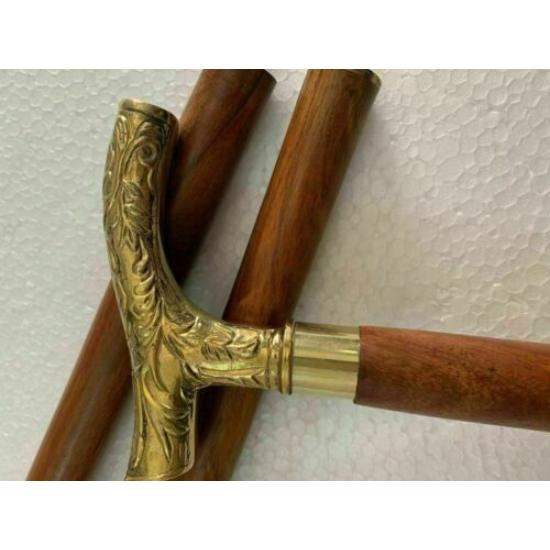 Antique Brass Victorian Handle Wooden Vintage Style Walking Stick Cane Designer