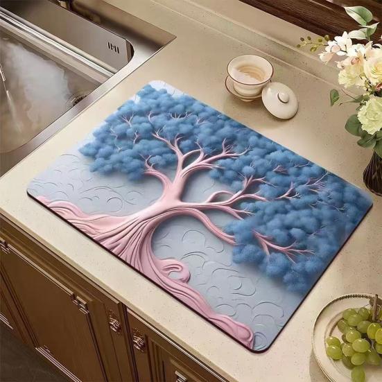 Yousheng Floral Dish Drying Mat Absorbent Kitchen Drying Mat Reusable Washable Dish Drying Pad Non-slip Dish Rack Mats for Kitchen Counter