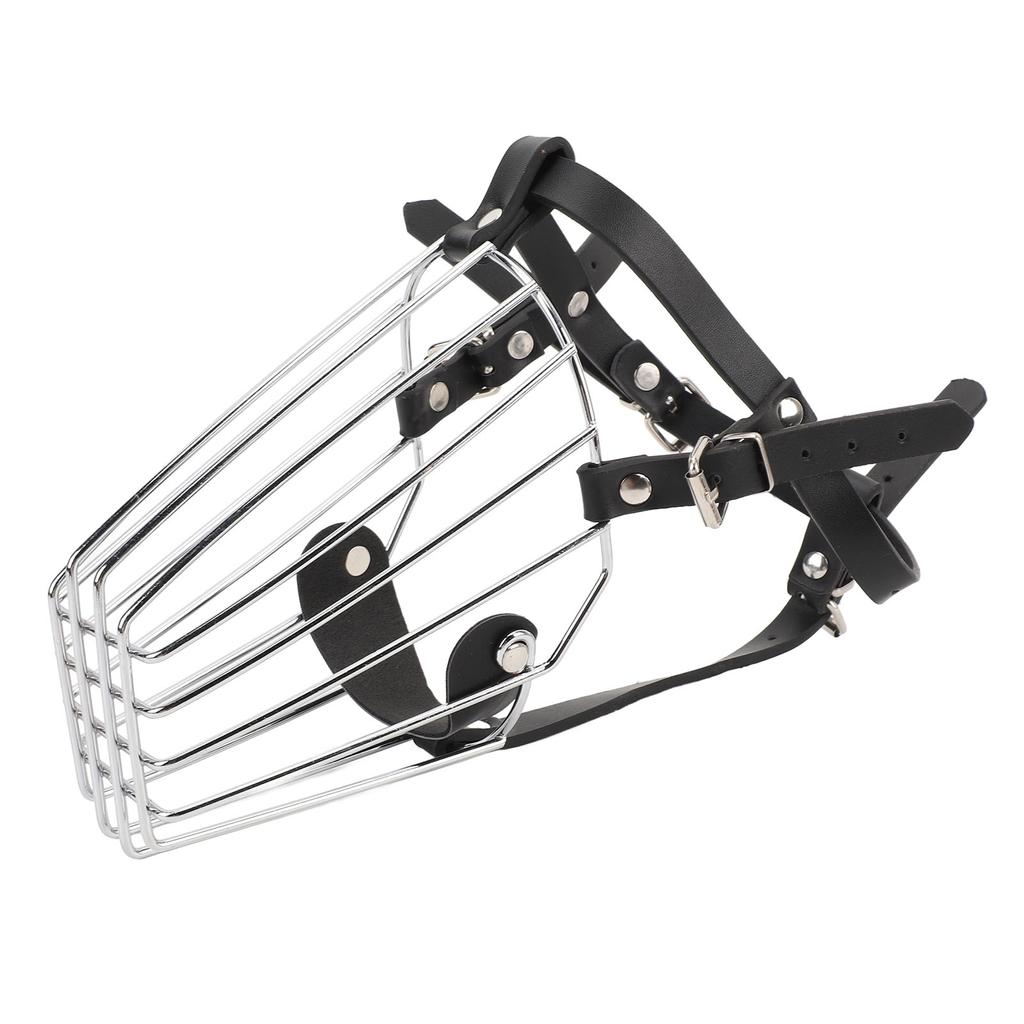Dog Muzzle Stainless Steel Basket Leather Strap Breathable Prevent Biting Adjustable Muzzle for