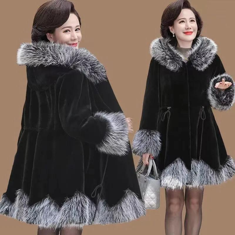 Autumn and Winter Mink Fleece Jacket Women's Mid-length Plus Size Mink Coat Women's Hooded Faux Fur Slim-fit Jacket Women
