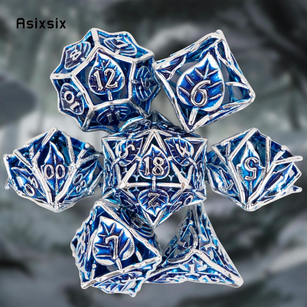 7 Pcs Blue Leaf Flower Metal Dice Hollow Metal Polyhedral Dice Set Suitable for Role-Playing RPG Board Game Card Game