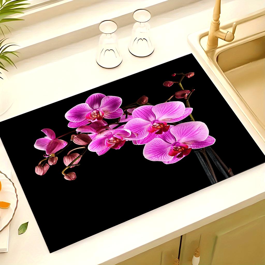 1Pcs Rubber Drying Mat With Retro Moroccan Orchid Print For Coffee Shop Kitchen Carpet Tableware Durable Diatom Mud Table Mat Pet Mat Coffeeware
