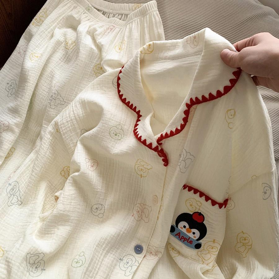 Cartoon pocket little penguin girl pajamas spring and autumn double long shell lace two-piece set student dormitory loungewear