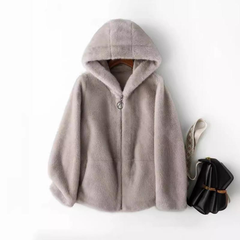 Шуба женская зимняя корейская короткая женская теплая свободная плюшевая с капюшоном толстая куртка пальто искусственный мех