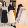 Women Mesh Pleated Skirt Female A-line Long Skirt Black Mid-length Skirt Dress