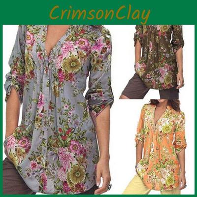 Женские рубашки Топы Винтажный цветочный принт V-образный вырез Туника Топы Блузка Одежда Подарок