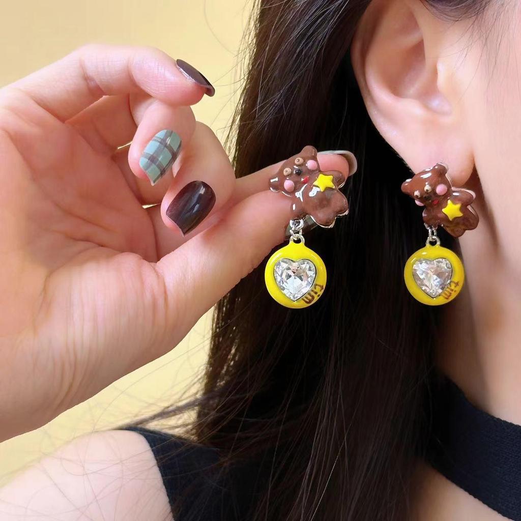 Y2K Yellow Heart Teddy Bear Zircon Stud Earrings - Cute, Cool, Niche Design Trend