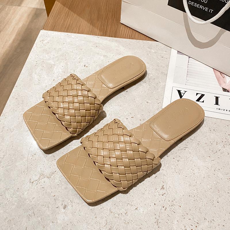Мода 2025 Роскошные вязаные кожаные туфли Femme Летние тапочки Плетеные плоские сандалии Mujer С открытым носком Шлепанцы Сабо Женские шлепанцы