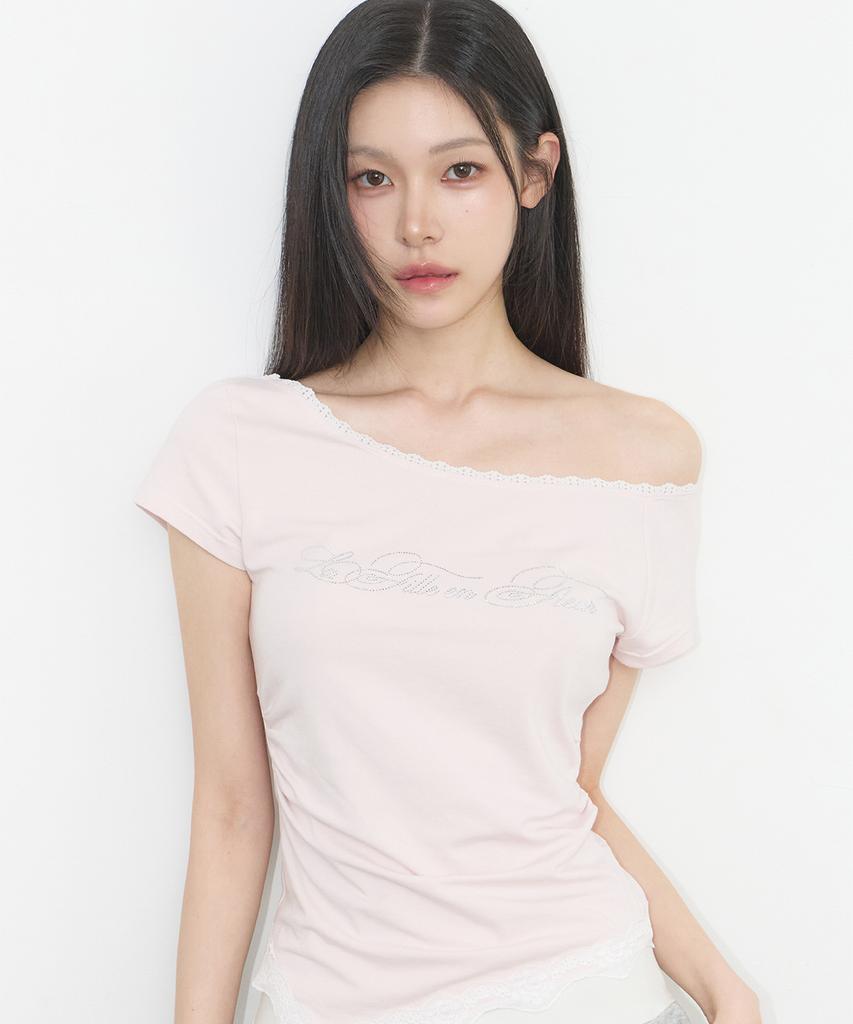 ILLIGO Lace One-Shoulder Shirred Top Pink