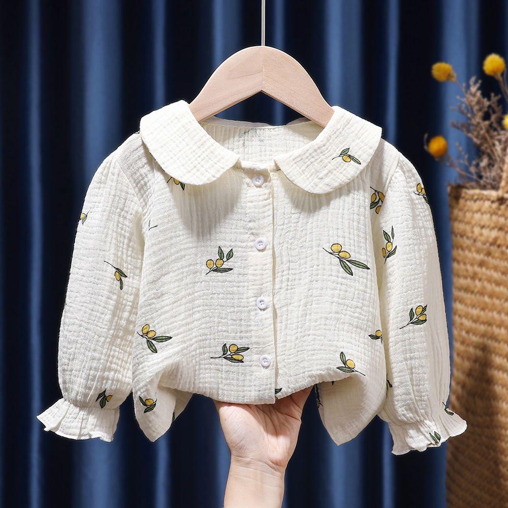 Рубашка с длинными рукавами для маленьких девочек, топ с цветочной вышивкой и лацканами, детская одежда