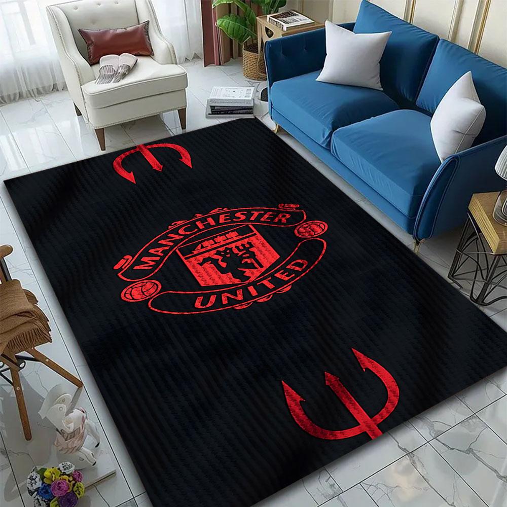 Manchester United Logo on Black Rug Patterned carpet, suitable as a non slip play mat for the living room and bedroom sofa