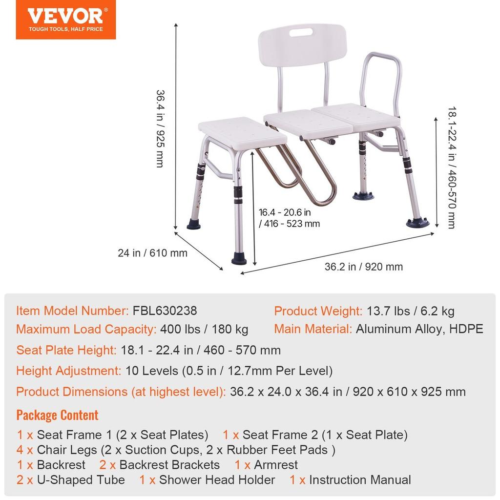 Tub Transfer Bench Bathtub Shower Seat for Senior Height Adjustable 400LBS
