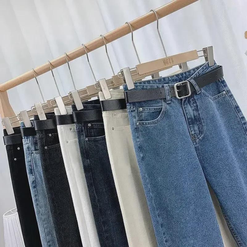 Женские плюшевые джинсы с высокой талией: Теплые узкие свободные прямые брюки-шаровары с девятью точками на осень/зиму 2021 года