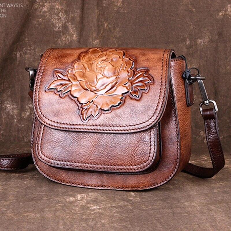 Высококачественные женские винтажные сумки-мессенджеры на ремне, женские сумки для отдыха, маленькая женская сумка с тиснением из натуральной кожи с цветочным принтом