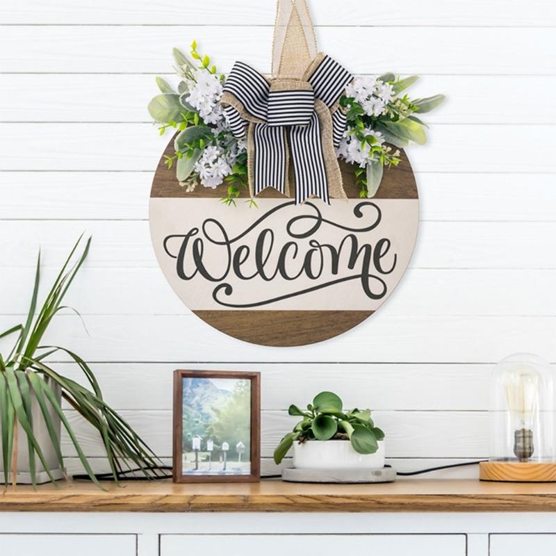 Деревянная приветственная табличка Цветочный венок Подвески Подвески для входной двери Стены Сада Доска с украшениями в виде бантиков