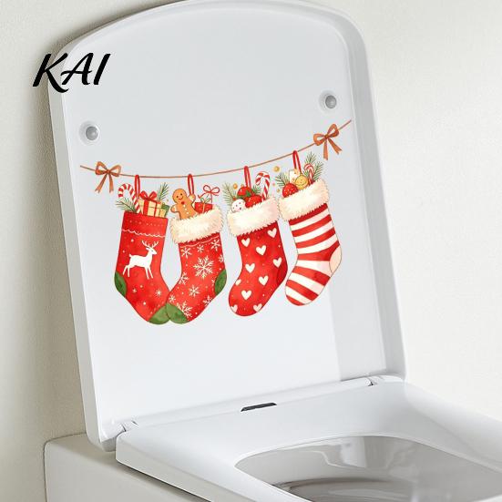 Holiday Home Interior Decorations Christmas Stocking Toilet Stickers, Waterproof PVC Bathroom Decals for Decorative Decoration, Red Watercolor