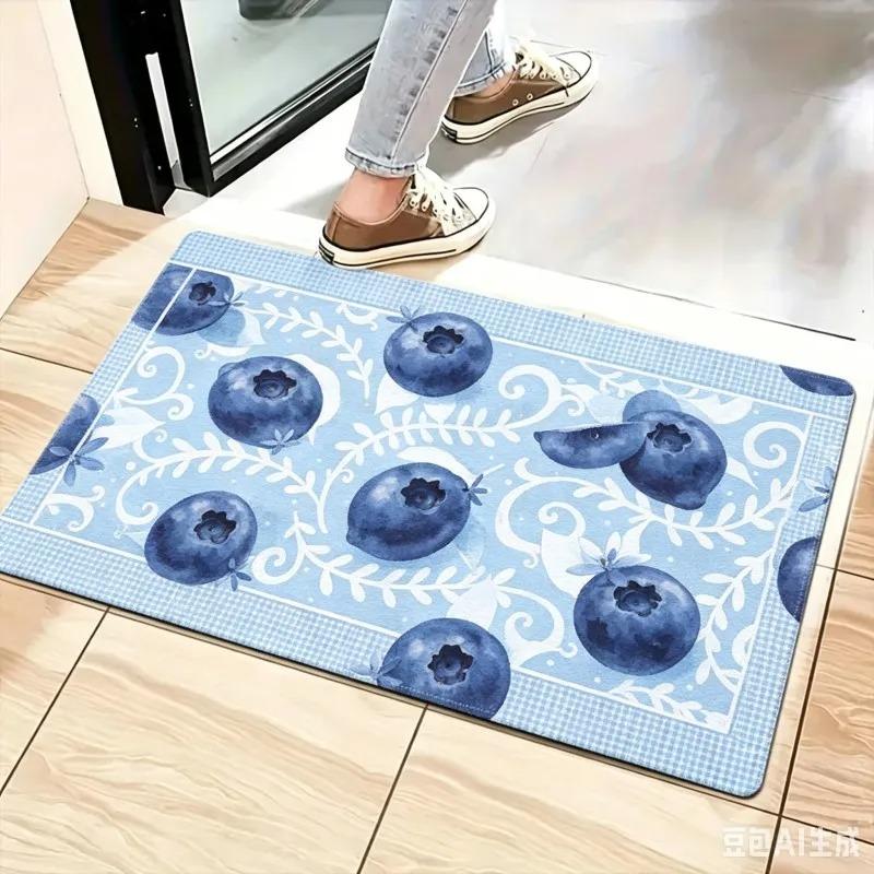 Dark Blue Stripe Hand Drawn Lemon Floor Mat Non Slip Soft Floor Rug Balcony Front Door Citrus Fruit Print Household Entry Mat