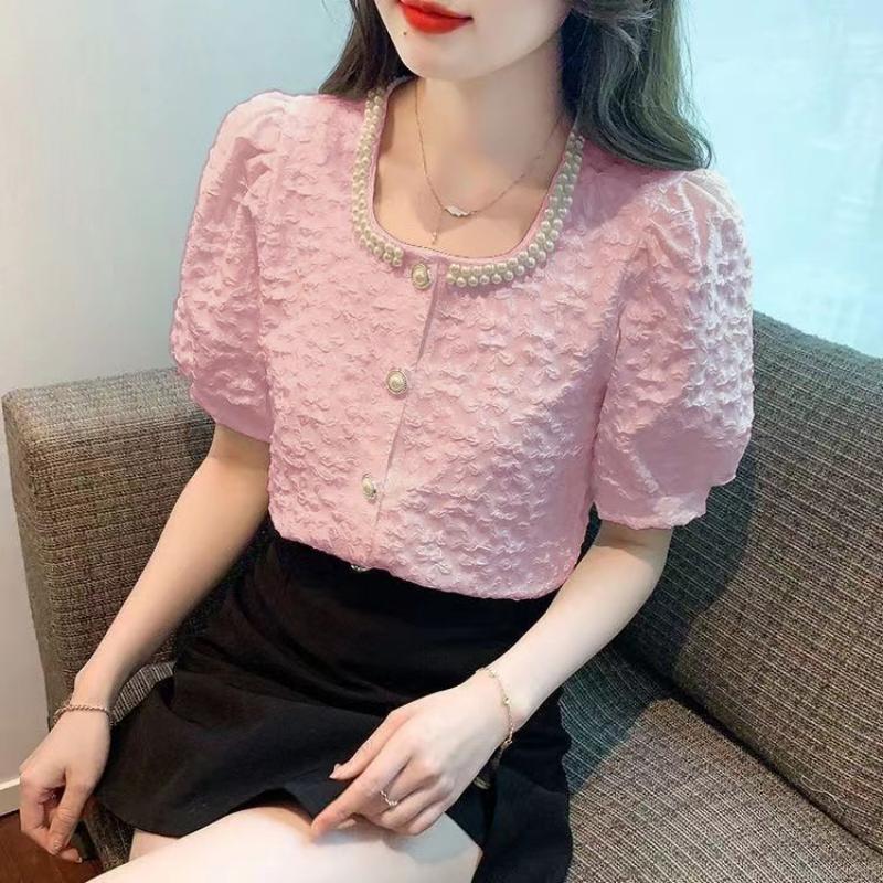 WTEMPO Брендовая модная рубашка с короткими рукавами и пузырьковыми рукавами, женская летняя темпераментная рубашка с квадратным воротником и сотней бус