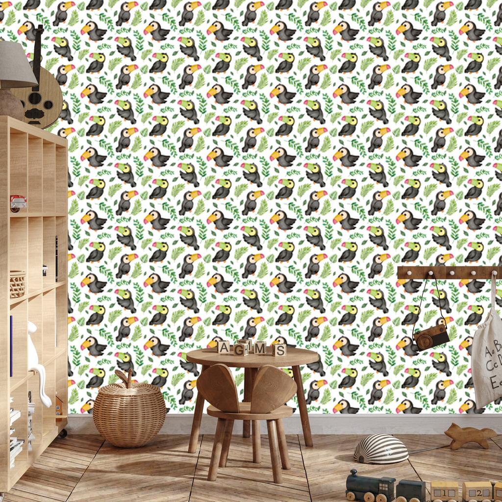 Toucan Wallpaper in White, Light Gray and Lime for Living Room and Bedroom 50x1000