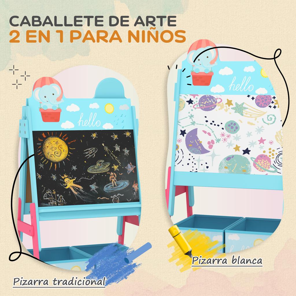 Double-Sided Children's Blackboard with 2 Fabric Boxes Painting Easel for Children with Animal Print Blue