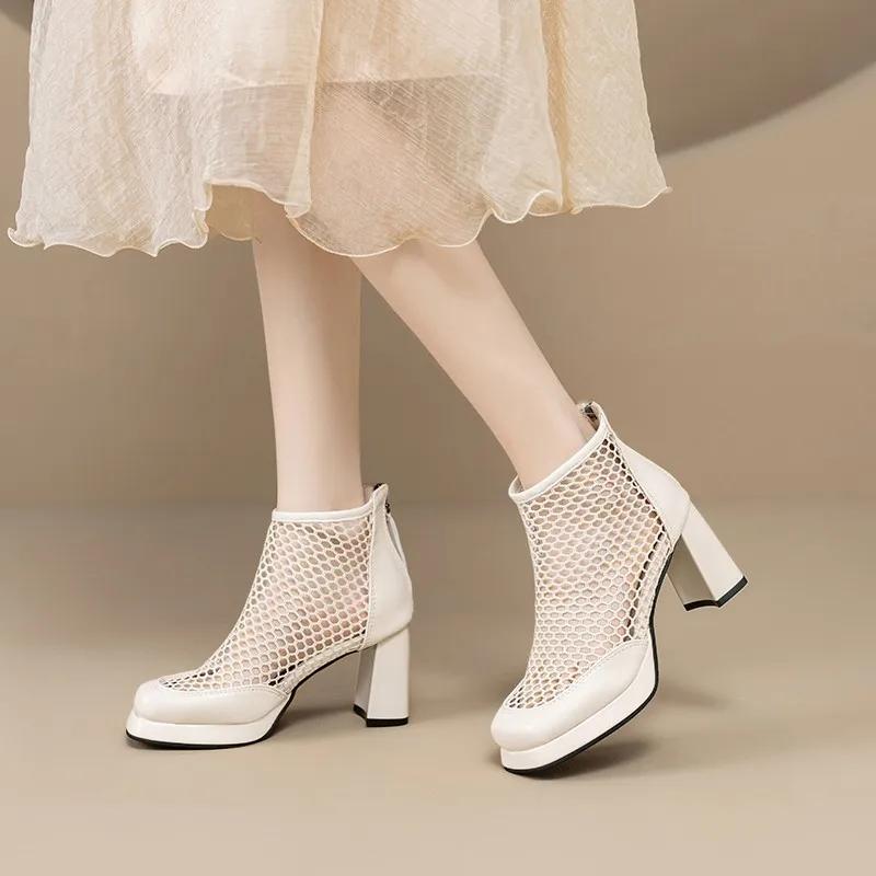 Крутые ботильоны на высоком каблуке, летний новый стиль, круглый носок, сетчатые, дышащие, задняя молния, водонепроницаемые, на платформе, нескользящие, ботильоны