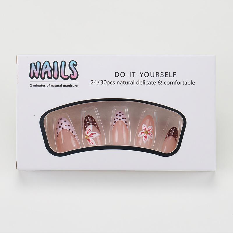 Red And White Contrasting Polka Dot Manicure, Three-dimensional Flower Wearable Nails, Casual Whitening Nails, Fake Nails