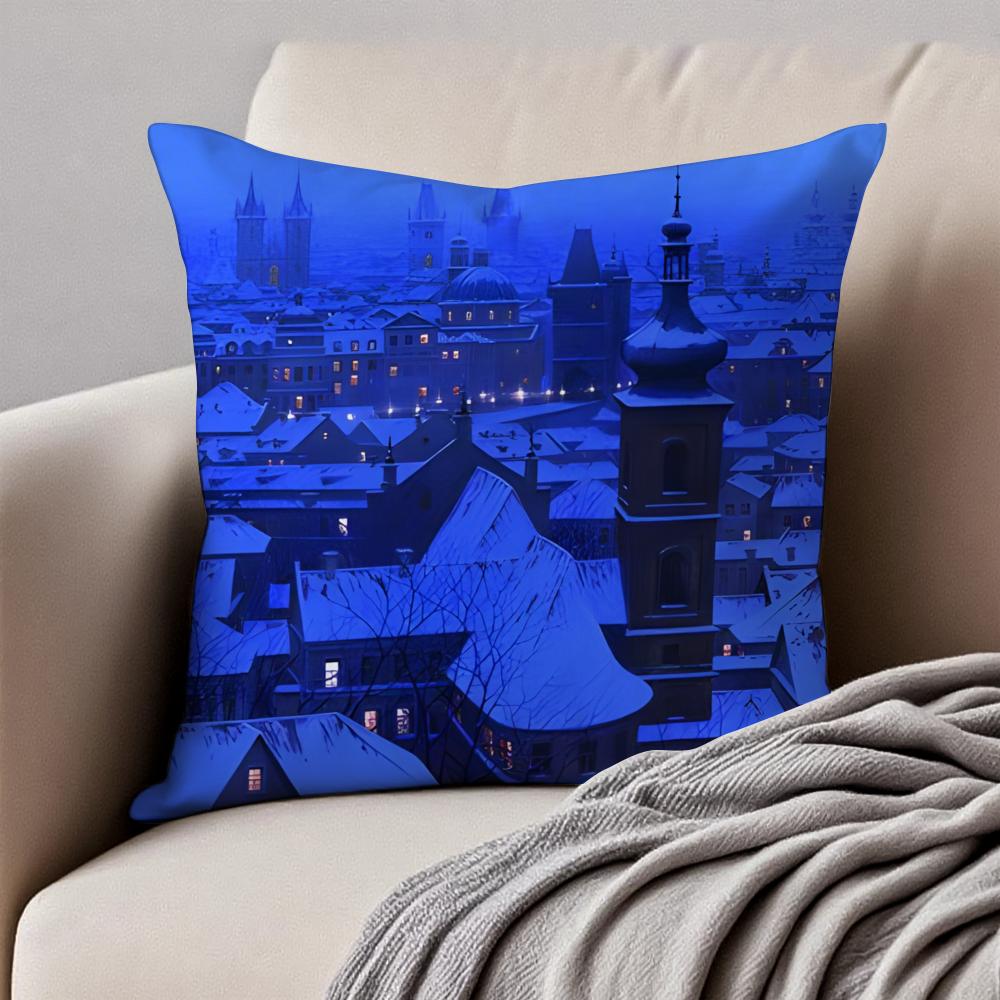BBlues Hour Art Cushion Cover Pillowcase Antidustmite Invisible Zipper Short Plush Sofa Cushion