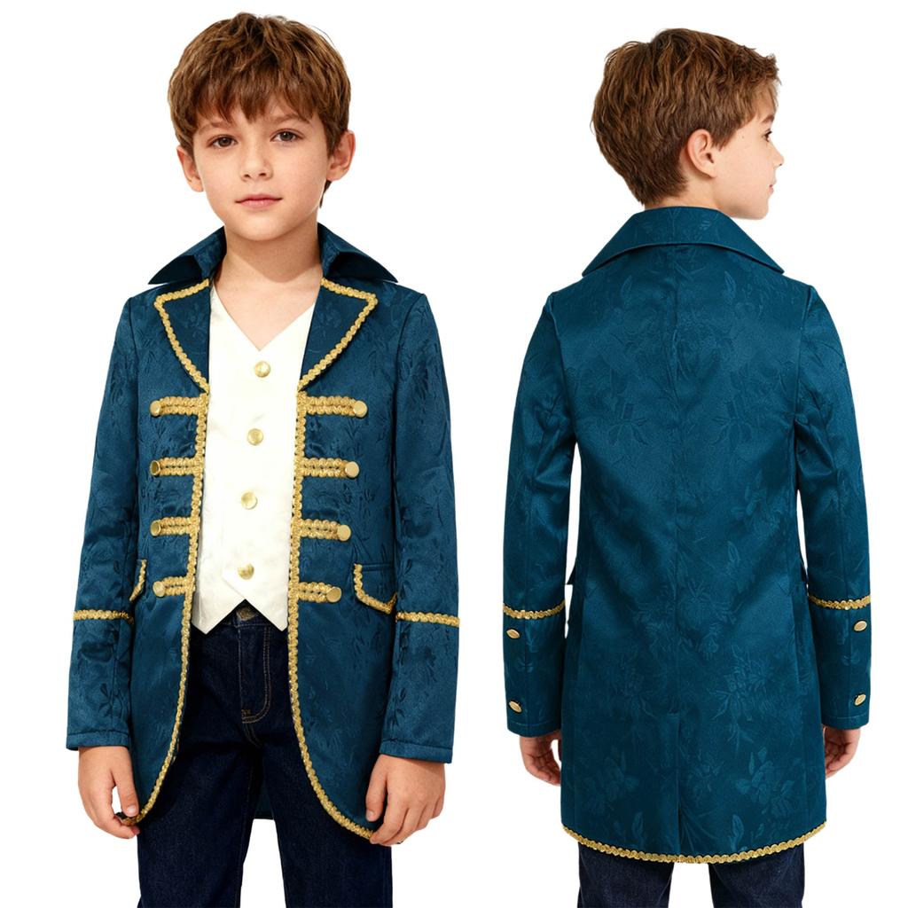 Boys Medieval Victorian Tailcoat Halloween Steampunk Gothic Uniform Coat Long Sleeves Gold Trimming Fake 2 in 1 Jacket Outwear