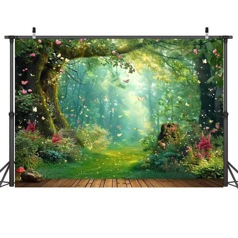 Magic Forest Polyester Photography Background, Fairy Tale Wonderland Mushroom Flower Butterfly Background, Party Decoration