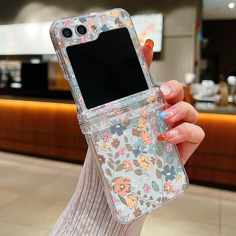 Shockproof 3PCS Foldable Case for Samsung Galaxy Z Flip6 Flip5 Flip4 Flip3 Colorful Flower Pattern Hard Pc Clear Slim Case Cover