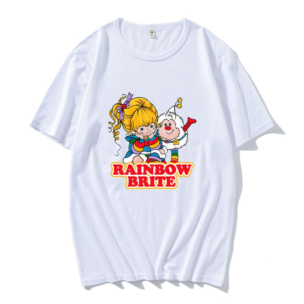 Летние винтажные футболки Rainbow Brite с мультяшным принтом, милая футболка для весны, из чистого хлопка, с круглым вырезом, женская футболка, майки