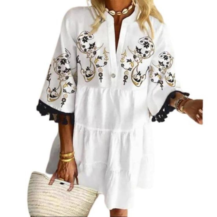 Vintage Print Party Dress Exquisite Pattern Womens Beach Clothing Polyester Dress Up Attractive