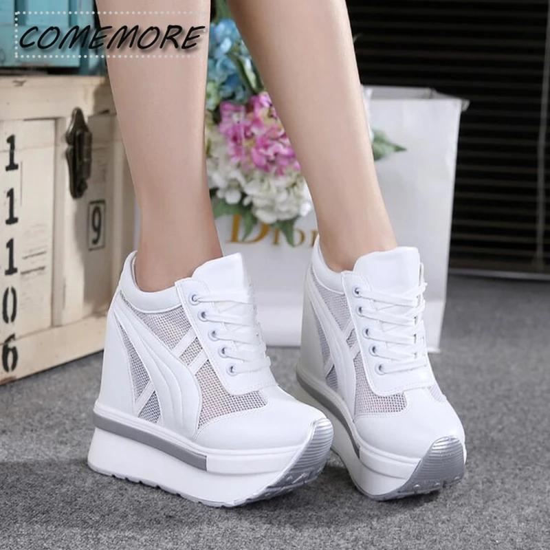 NEW Classic Women Mesh Platform Sneakers White Shoes 10CM High Heel Wedges Outdoor Breathable Casual Shoes Autumn Round Toe 2024