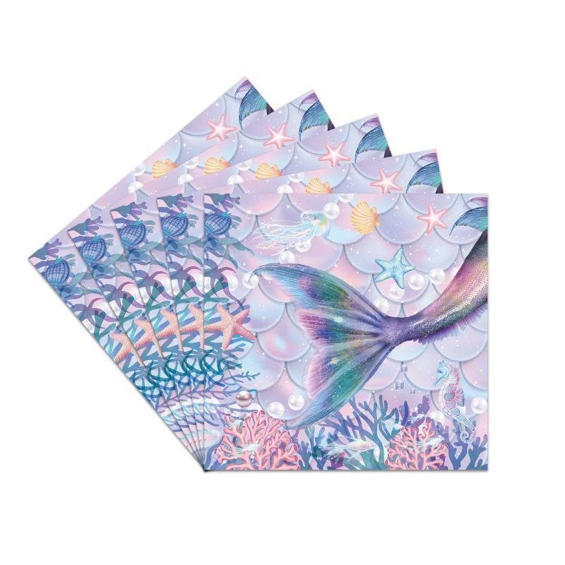 Purple Fish-Scale Mermaid-Themed Party Decoration Set: Disposable Mermaid-Tail Tablecloths, Paper Cups, Napkins, and Plates for Girls' Birthdays