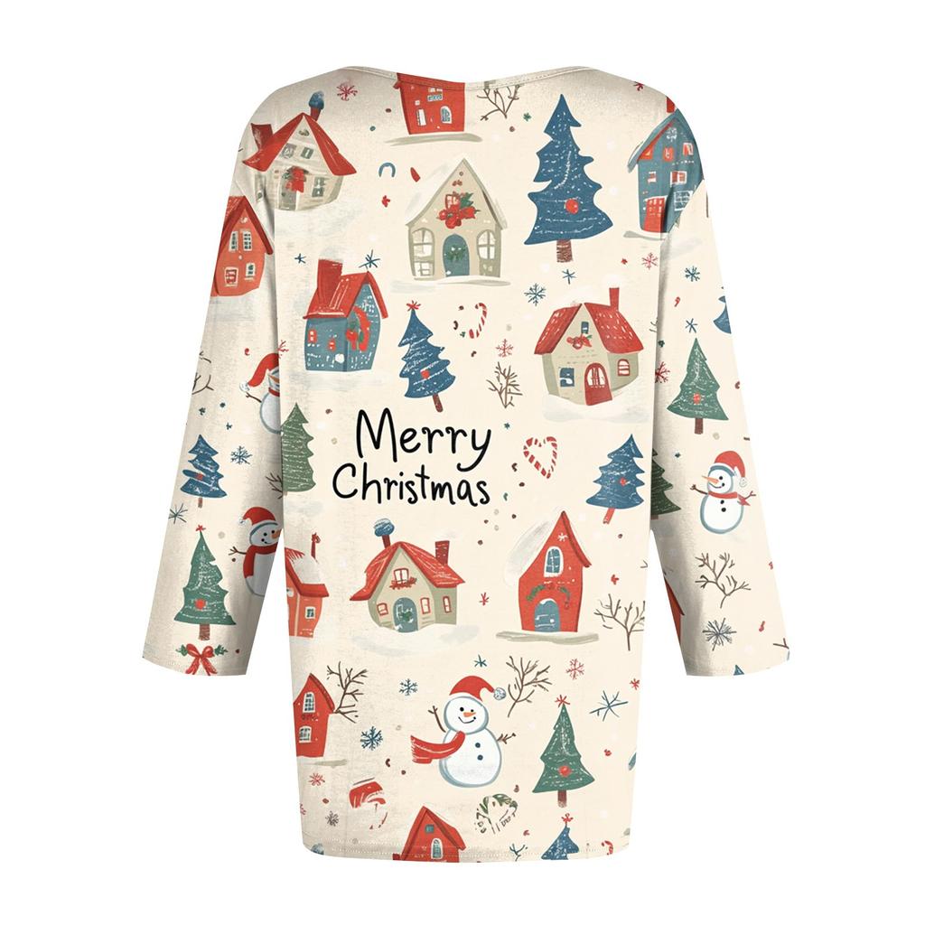 Women's Fashion Casual Three-quarter Sleeve Christmas Printed Round Neck Pullover Top