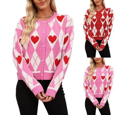Женский модный свитер-жакет кэжуал с круглым вырезом, длинными рукавами и контрастными пуговицами в форме сердца